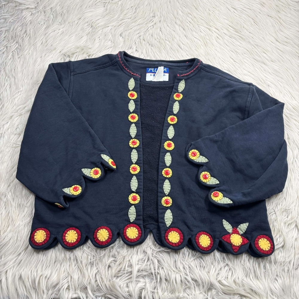 Vintage Russel Women's M Upcycled Embroidered Cardigan Fleece Floral Art to Wear
